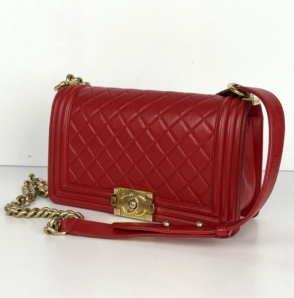 Chanel Boy Bag Medium in Red Lambskin Leather Gold Hardware 2015-2016 YE-8
